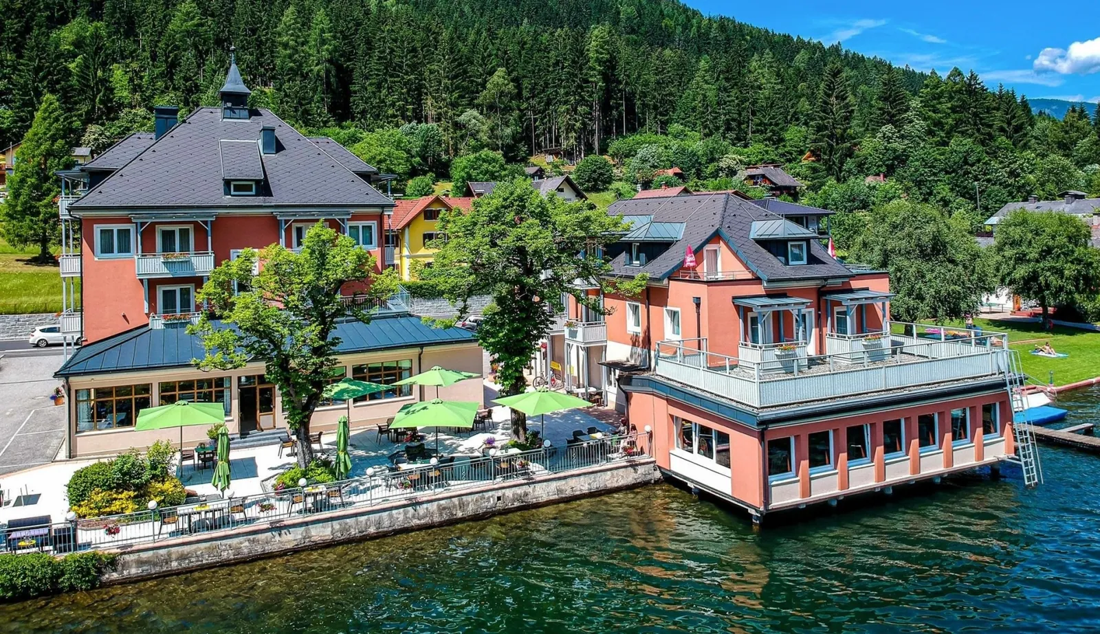 Strandhotel Burgstaller on Lake Brennsee from above